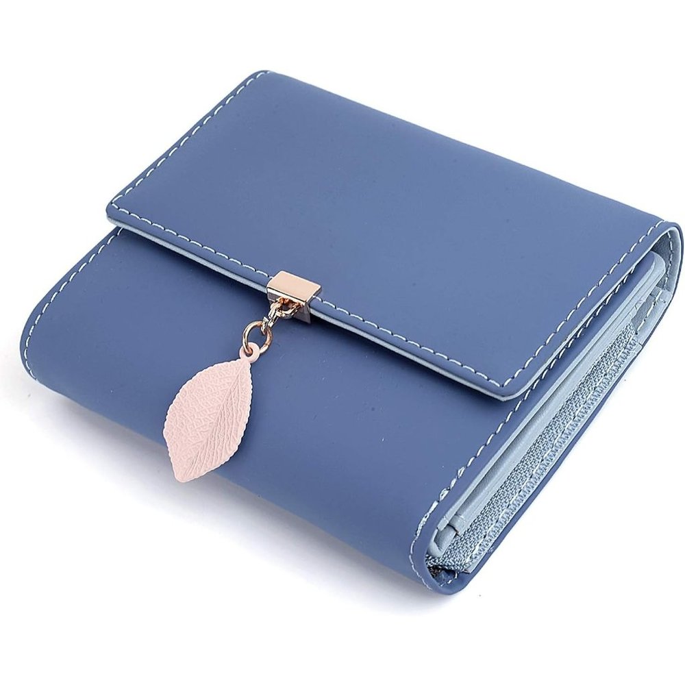 Women Small Blue RFID PU Leather Leaf Pendant Zipper Coin Purse